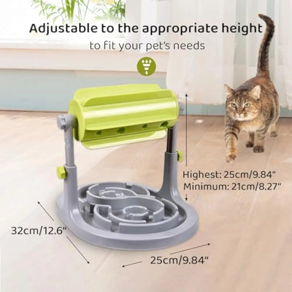 Blue interactive puzzle feeder bowl for dogs and cats with adjustable height and raised patterns.