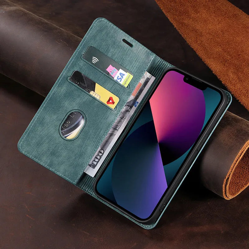 Magnetic flip phone case for iPhone in black, showing closed front cover with leather finish.