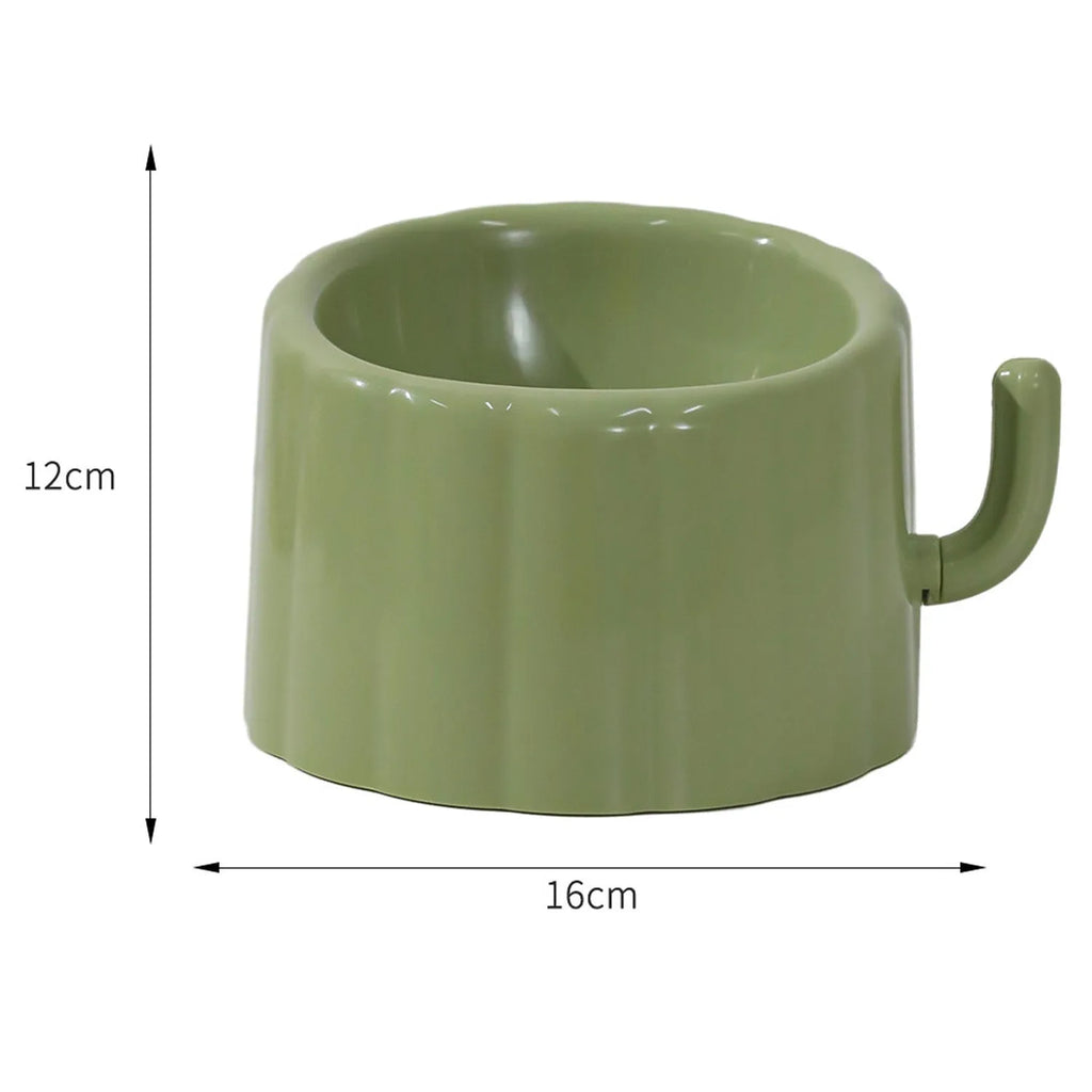 Solid green ceramic cat bowl with cactus pattern, high sides, and anti-slip rubber base ring.