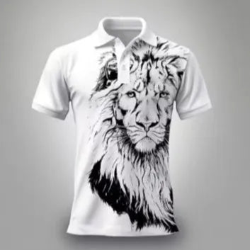 Summer lion print business casual T-shirt in bird eye cloth with zipper decorations, short sleeves, polyester fabric