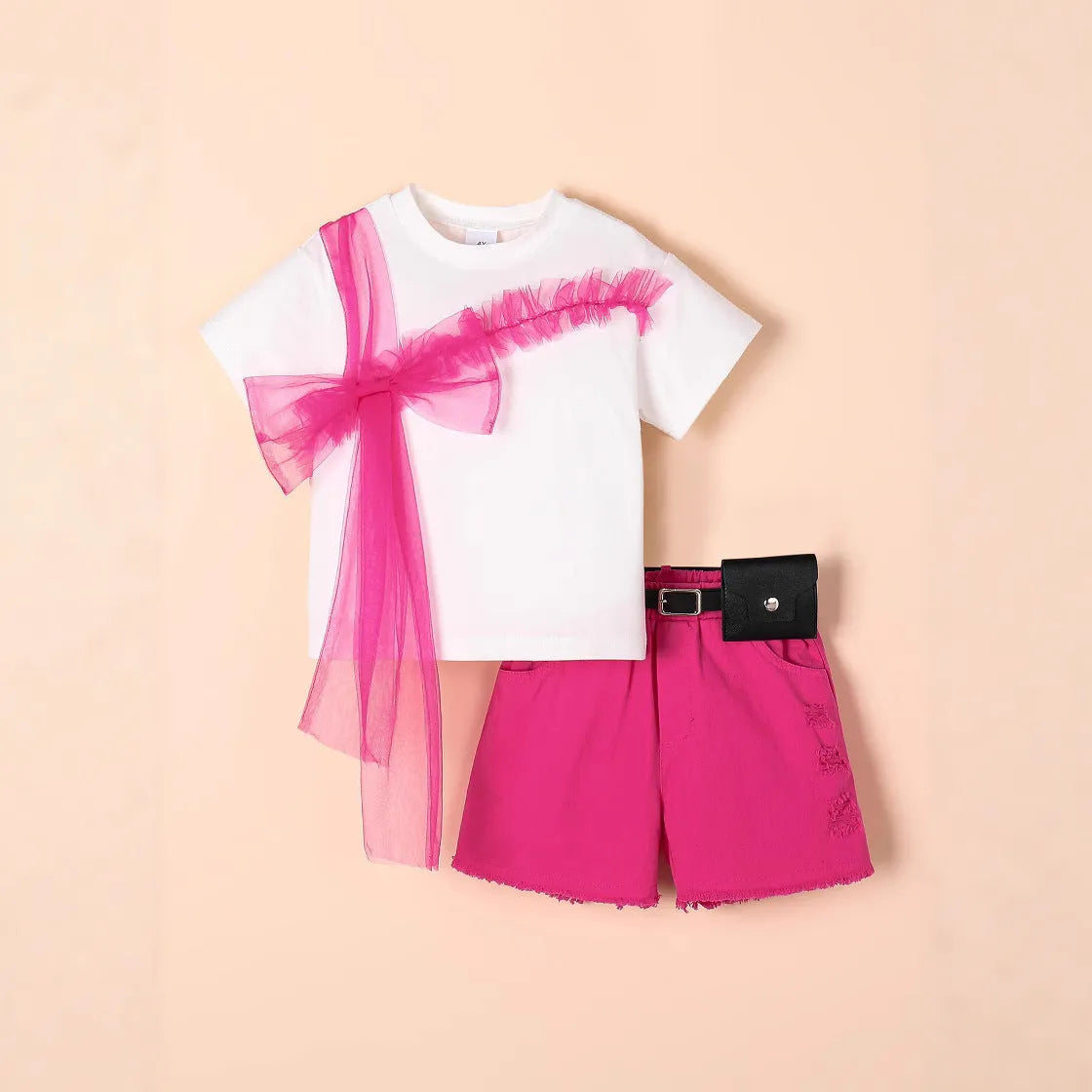 Girls rose red short-sleeved T-shirt with denim shorts and belt outfit set for 4Y to 7Y