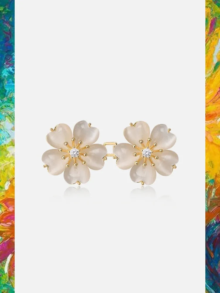 Cherry blossom belt buckle brooch for women, gold colour, synthetic cubic zirconia and rhinestone, 21mm x 44mm