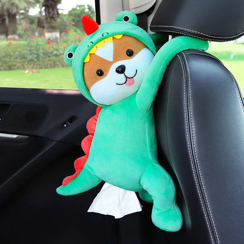 Soft plush car headrest tissue box holder in a cute animal character style.