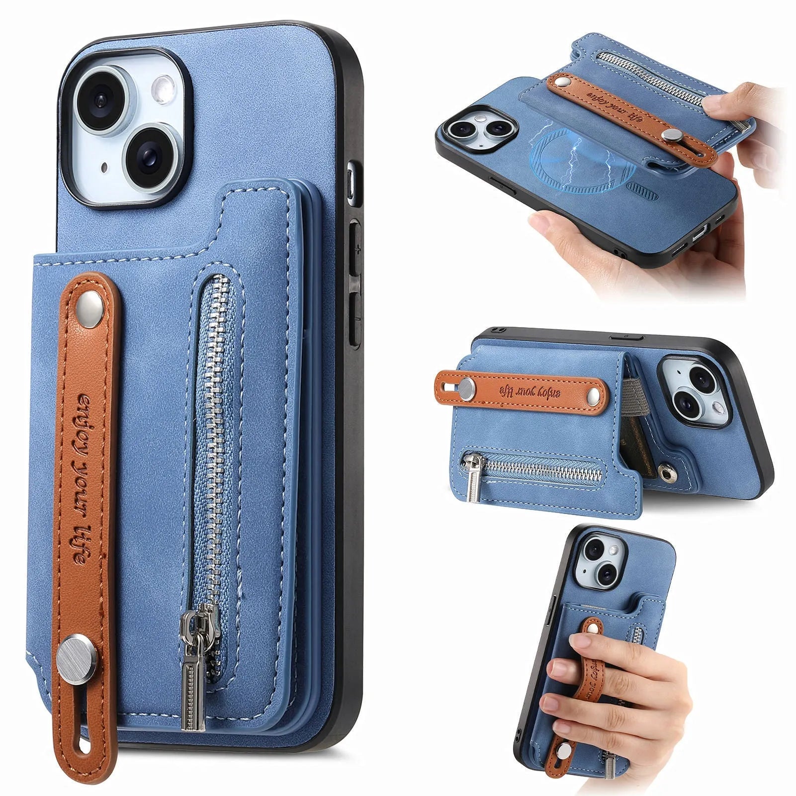 Flip open card holder wallet phone case for Apple iPhone with bracket and magnetic closure in black imitation leather