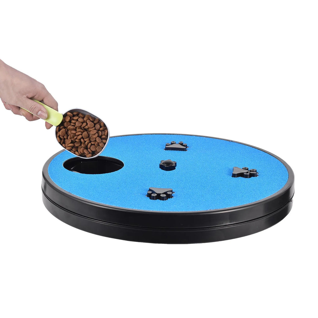 Rotatable dog nail file board with slow feeder compartments and suction cup base