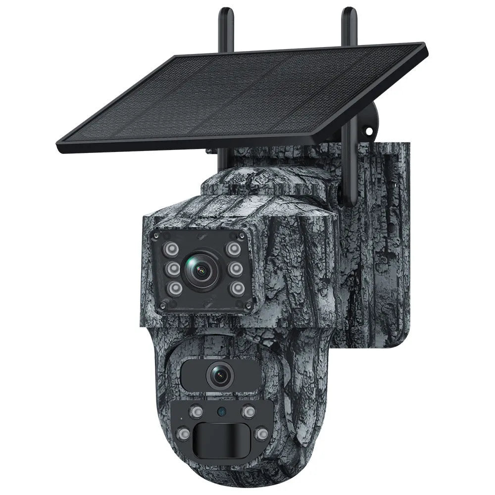 6MP solar surveillance camera with IP66 rating, dual screen, and ceiling mount for outdoor use