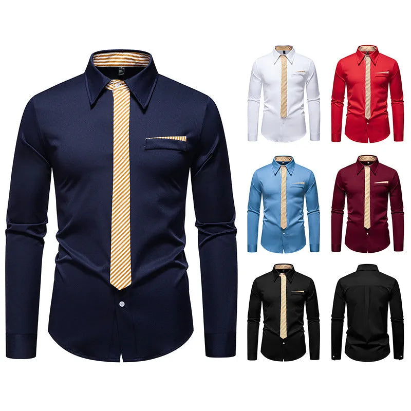 Men's long-sleeved polyester slim-fit cardigan style shirt in solid colour, front view