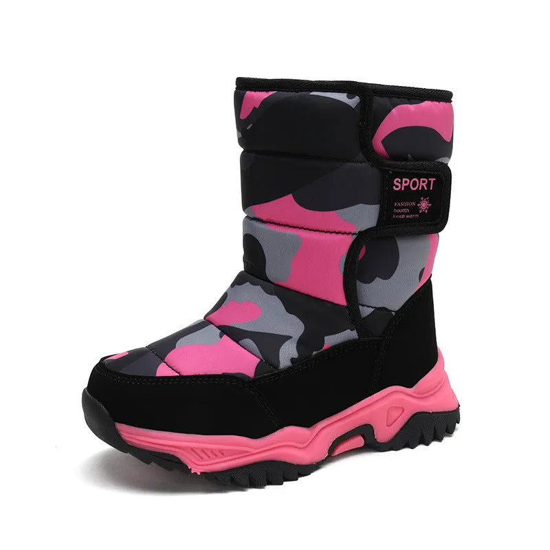 Kids high-top camouflage boots in cotton with hook and loop fastening, unisex sports style, sizes 26-38