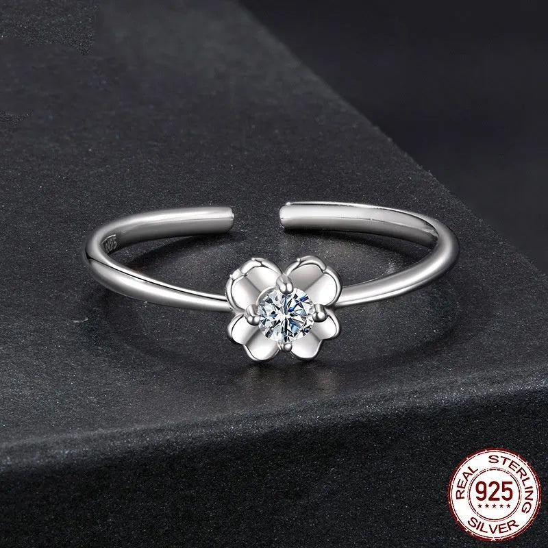 D colour moissanite four-leaf clover ring on S925 adjustable silver band, electroplated finish