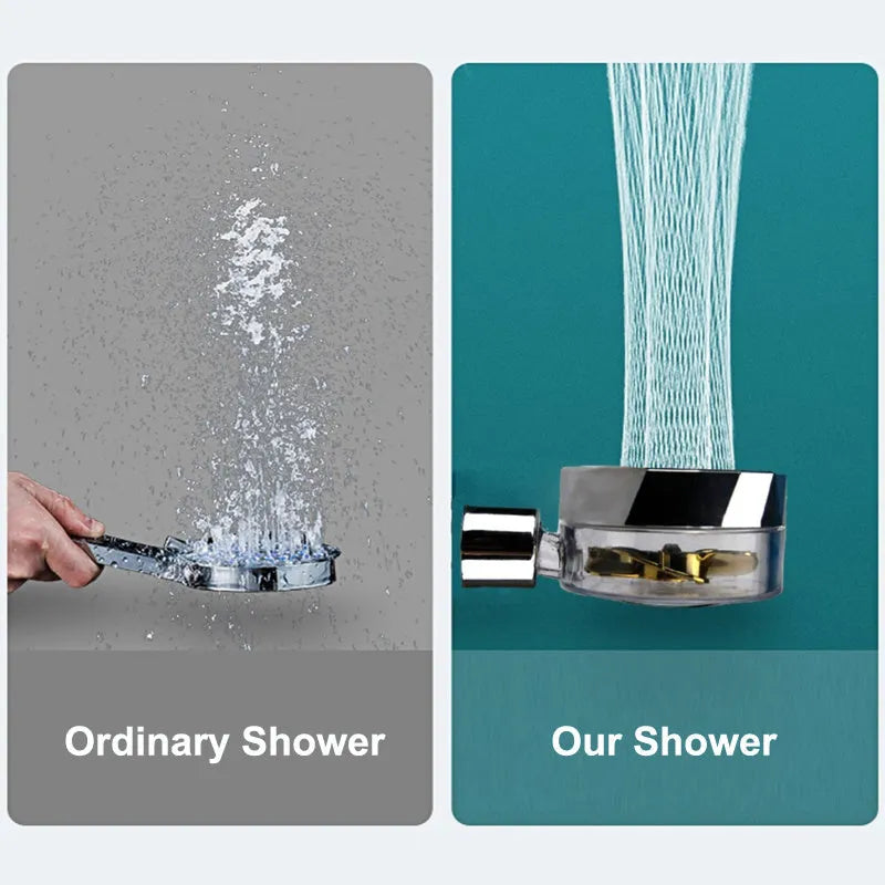Chrome alloy turbocharged handheld shower head with stop button, five nozzles, and PP cotton filters