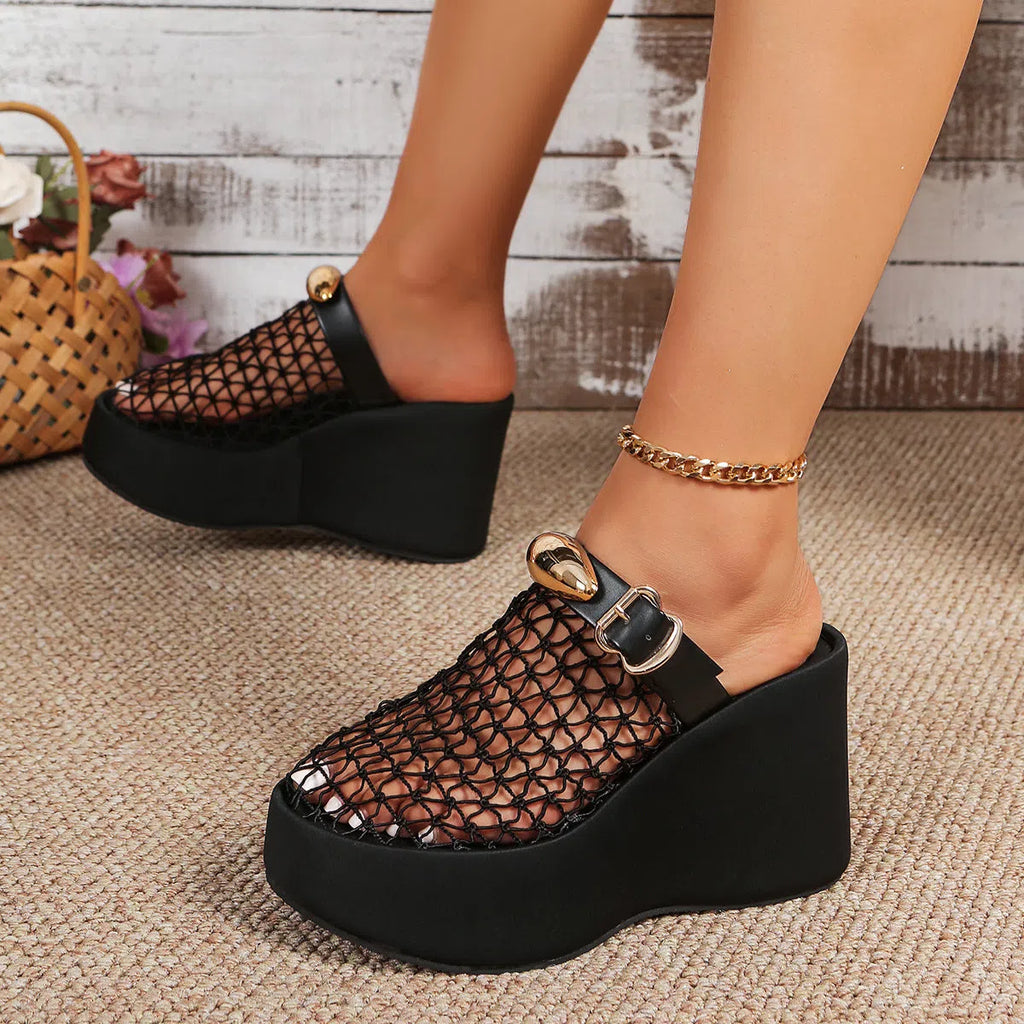 Metal buckle thick sole openwork mesh sandals with ultra-high heel, black colour