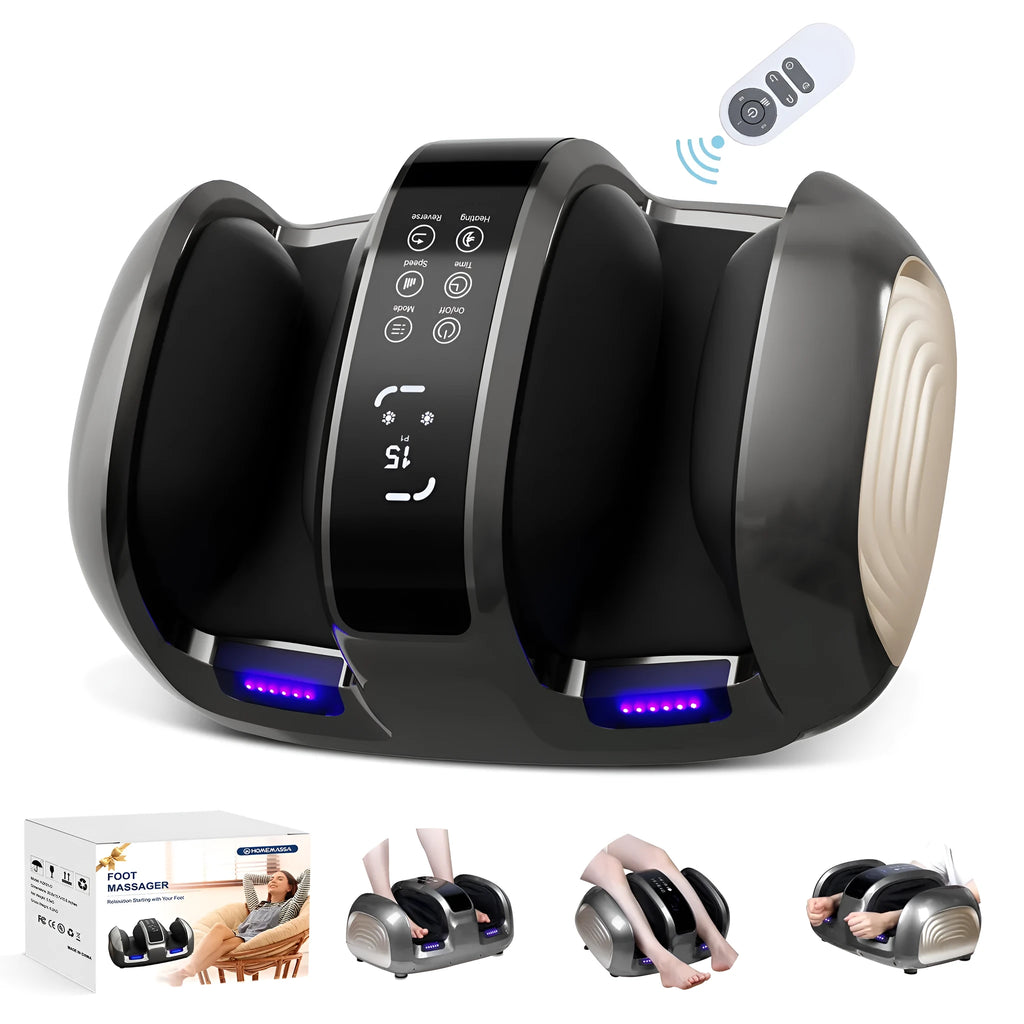 3D foot and calf massager with heat, four auto programs, adjustable intensity, and remote control, black finish