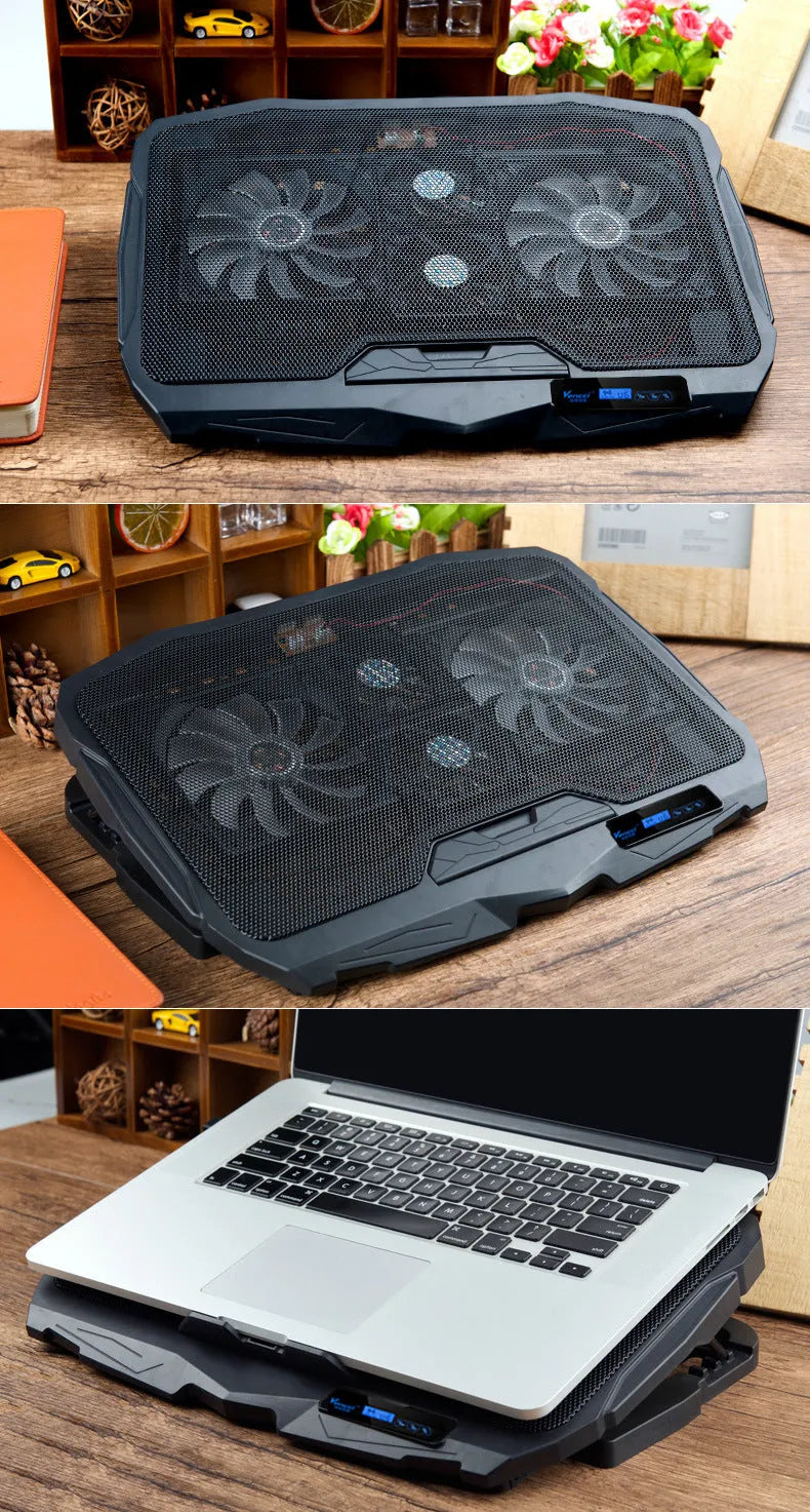 Black laptop radiator with copper heat sink, 4 heat pipes, dual USB ports and S18 speed control