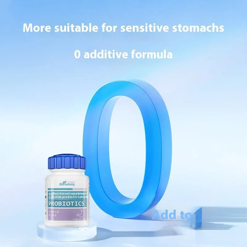 Bottle of 180 pet probiotic tablets for dog and cat digestive health care.