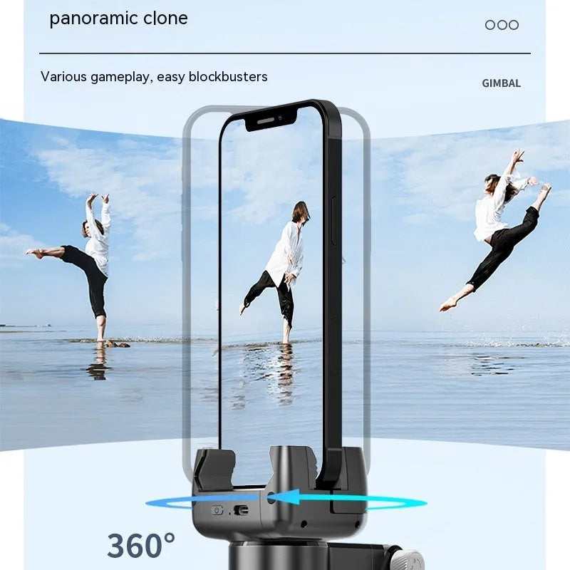 Black anti-shake phone stand with retractable selfie stick and desktop pan tilt on table