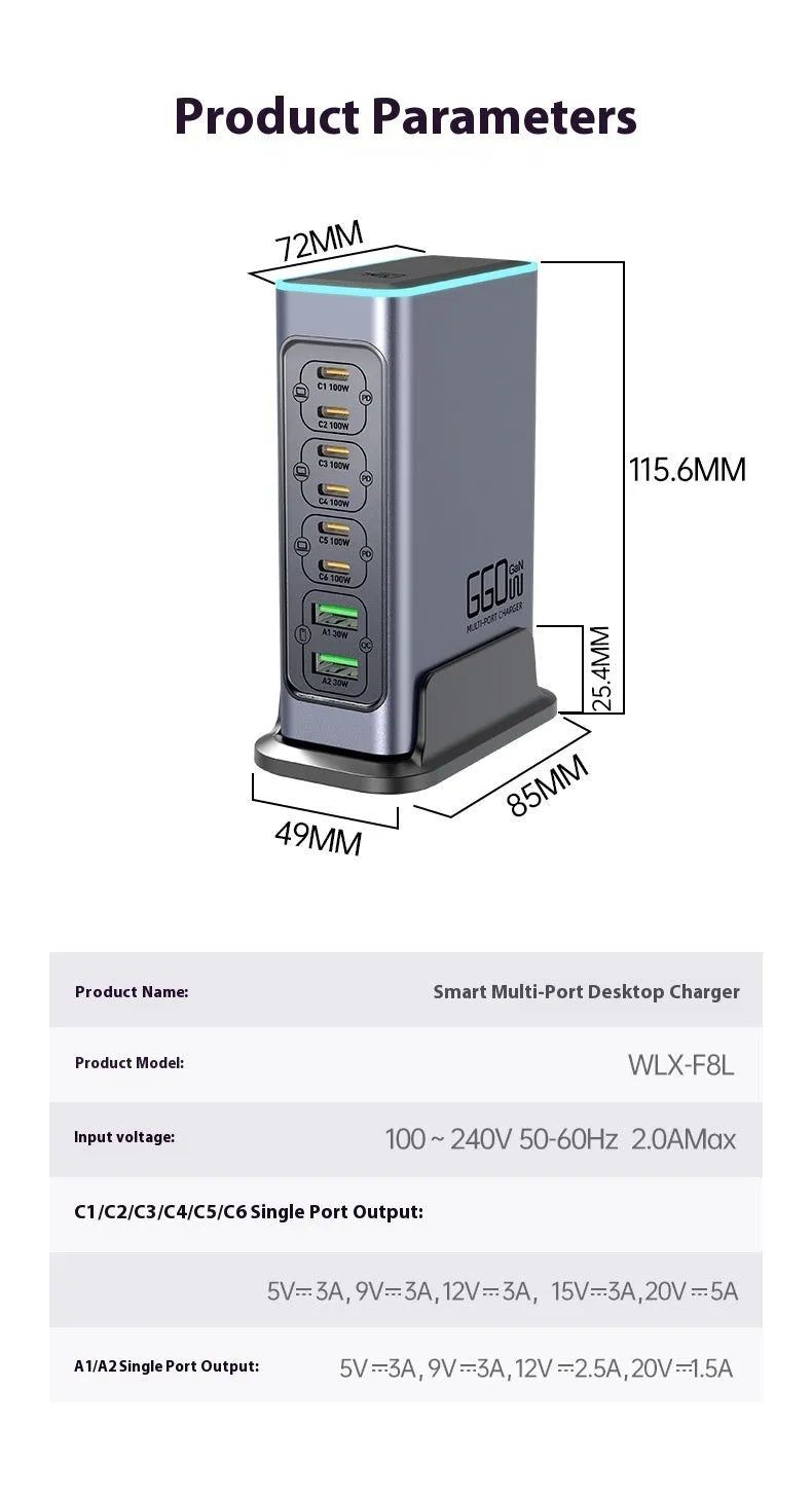660W gallium nitride multi-port desktop fast charger with interchangeable US, EU, UK, and AU plug heads.