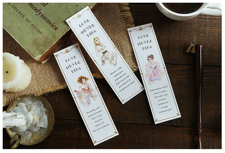 Pack of 30 thick white cardboard art bookmarks with various designs including Phantom of the Opera.