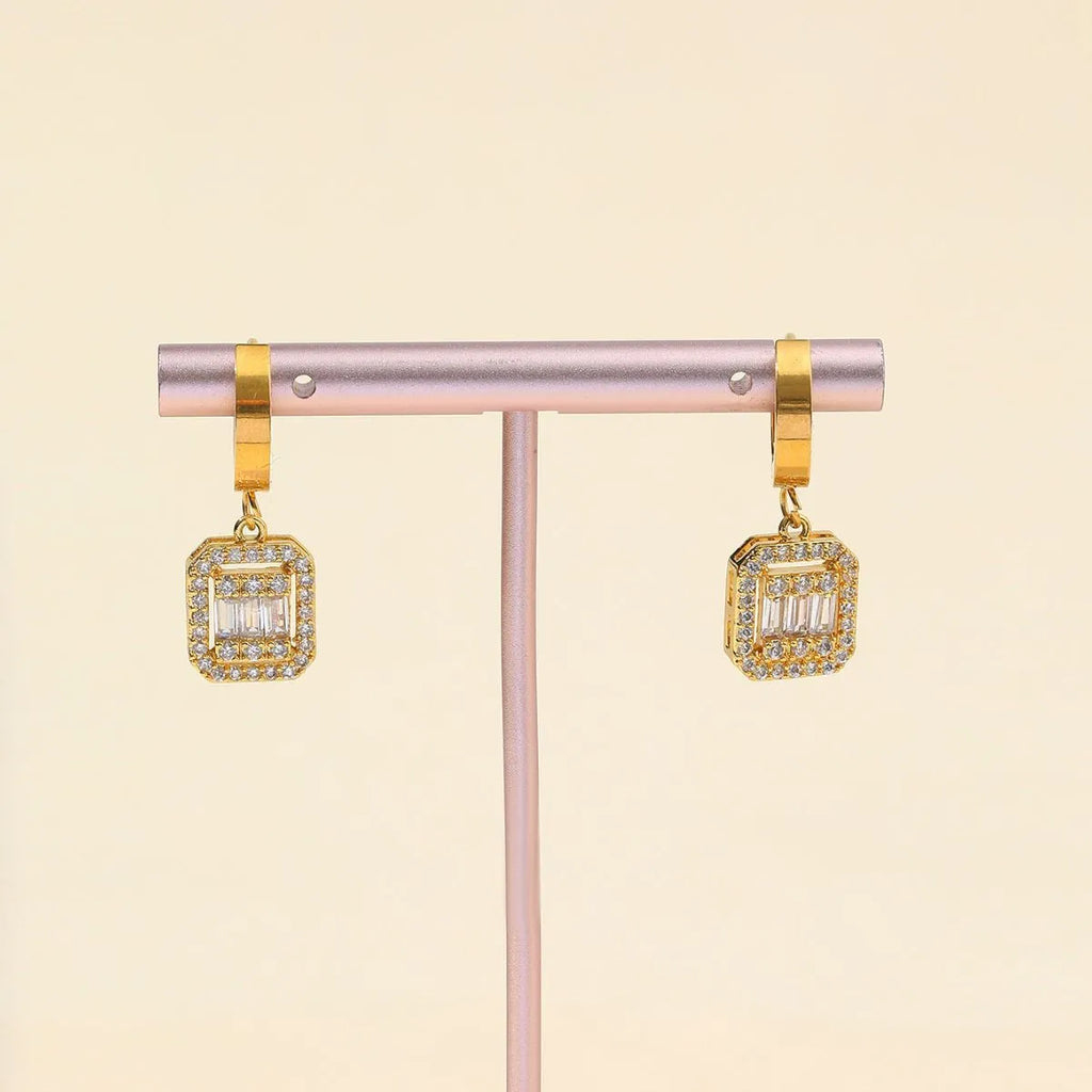 Gold octagon titanium steel earrings with zircon mosaic and buckle design, retro fashion OL style, one pair