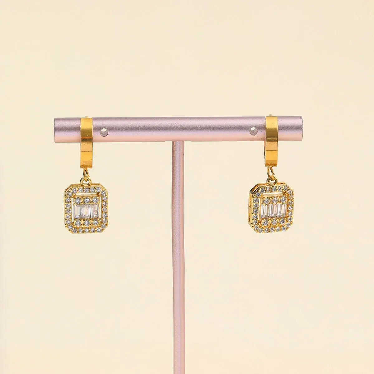 Gold octagon titanium steel earrings with zircon mosaic and buckle design, retro fashion OL style, one pair
