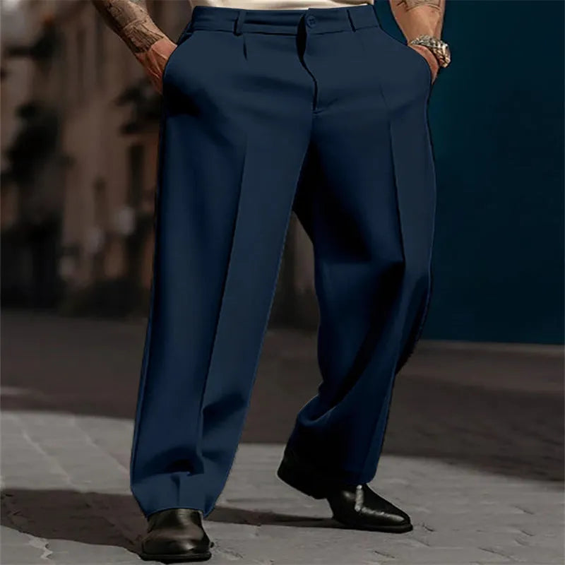 Men's straight leg suit trousers with diagonal pocket, breathable cotton blend, available in six colours