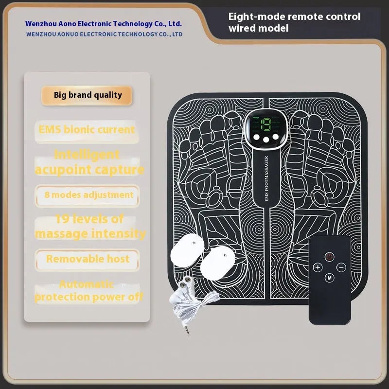 Blue USB rechargeable reflexology foot massager mat with push-button controls on colour box