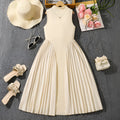 Girls' sleeveless stand collar pleated stitching A-line formal dress in solid colour