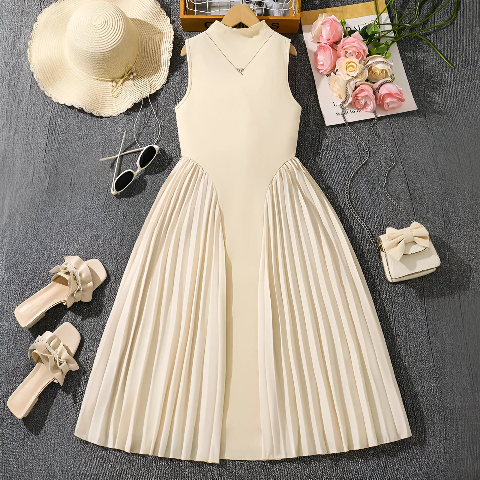 Girls' sleeveless stand collar pleated stitching A-line formal dress in solid colour