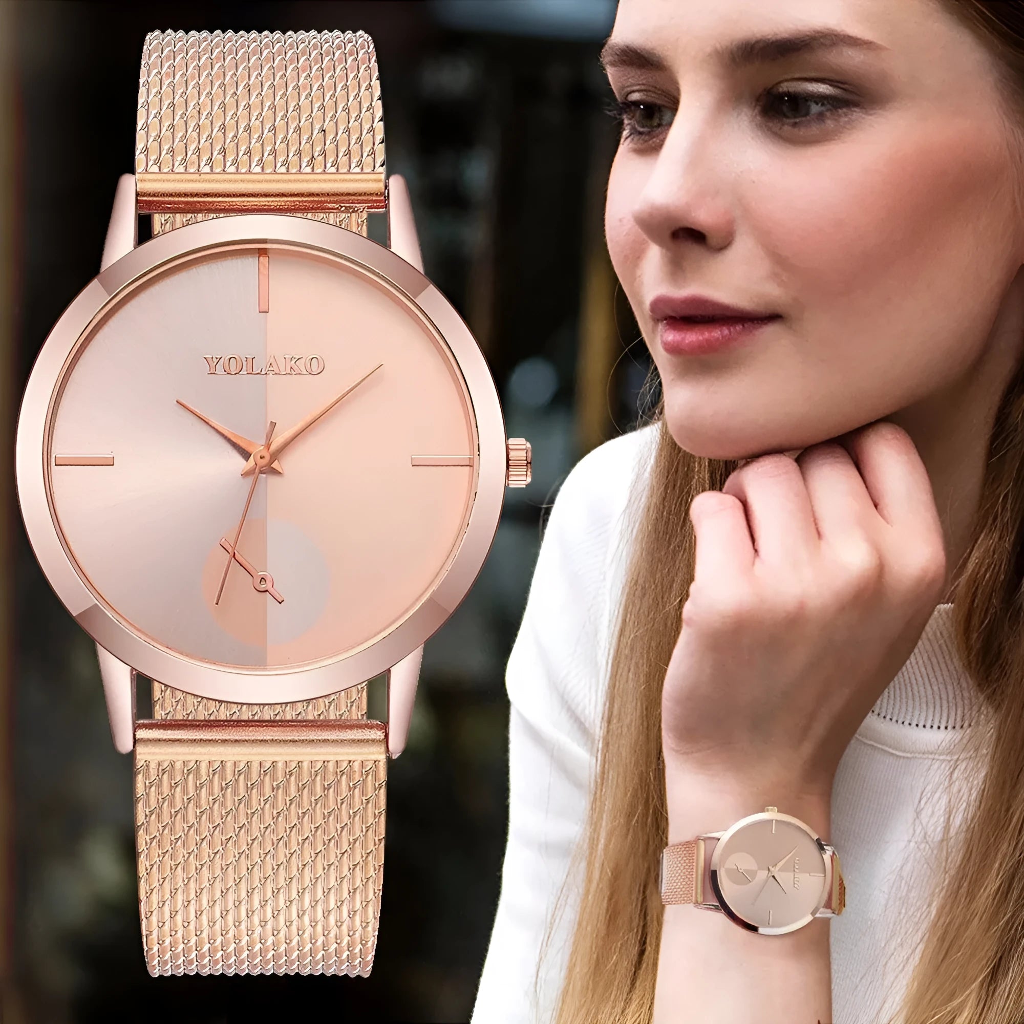 Simple ladies quartz watch with stainless steel strap, 40mm black dial, and mineral glass mirror on neutral background