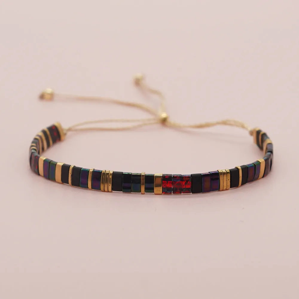 Hand-woven glass bracelet with retro geometric beaded design, style TL-B23091803B