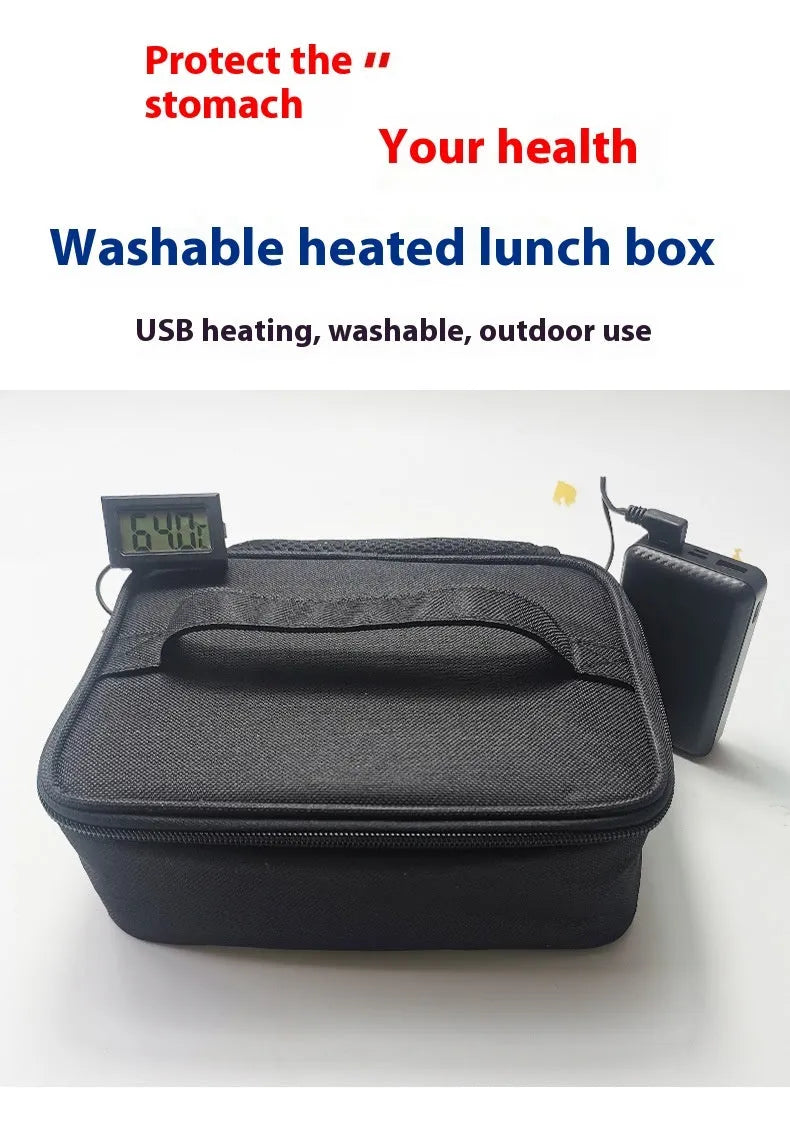 Black USB heating lunch thermal bag with Oxford cloth construction and power connection