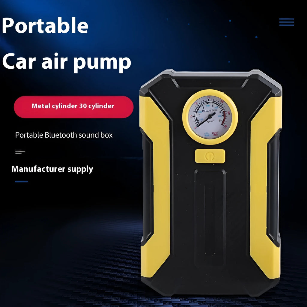 12V car inflator pump with wired pointer gauge, including nozzles, for cars and bikes