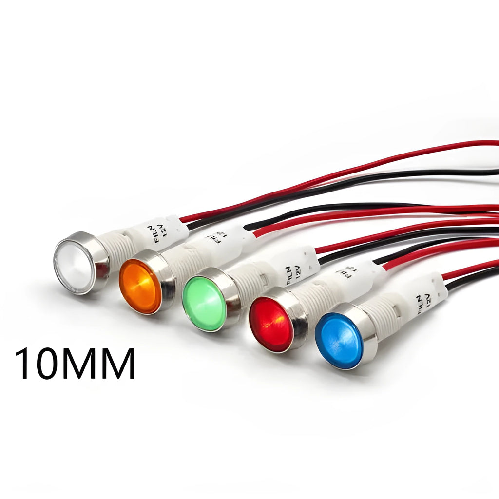 10mm stainless steel edge plastic indicator light with wire leads in multiple colours.