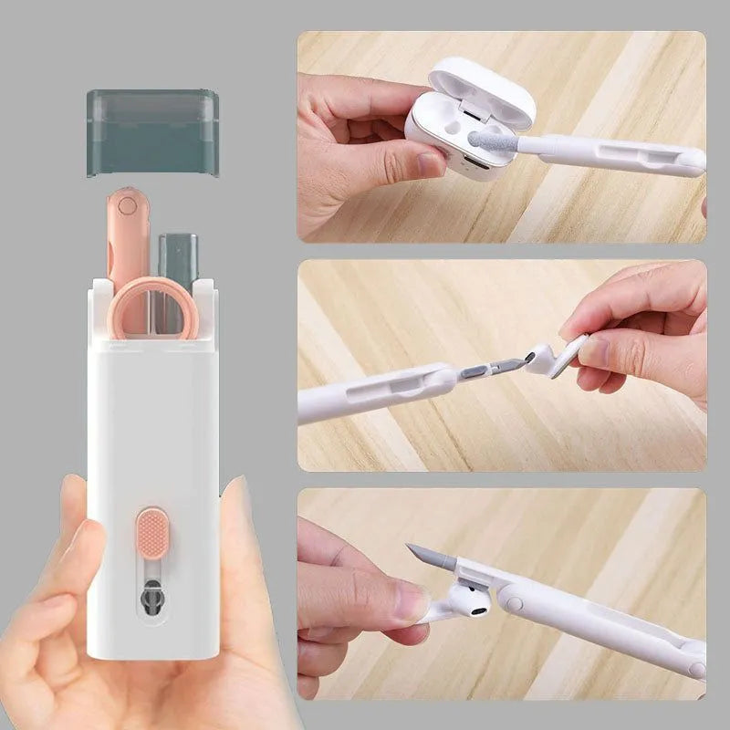 White electronic cleaning kit with cleaning pen, brush, keycap puller and spray bottle for laptops and earbuds