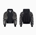 Three-piece streetwear clothing set showing printed hoodie, loose trousers, and shorts with collage stitching detail.