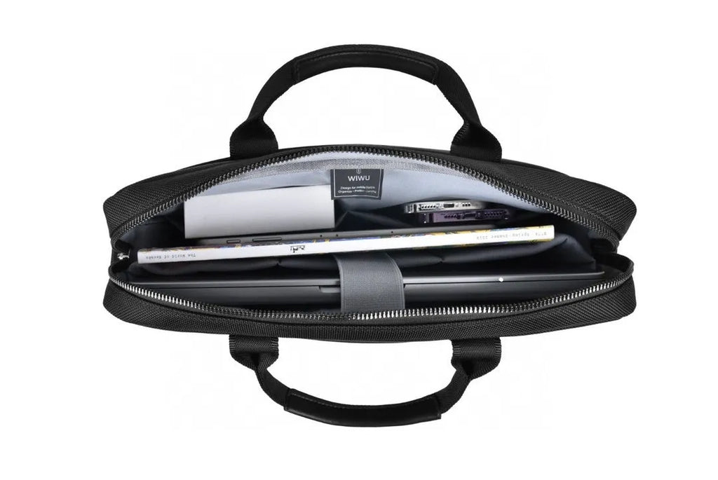 Black Oxford cloth laptop backpack showing multiple compartments and a lockable zip.