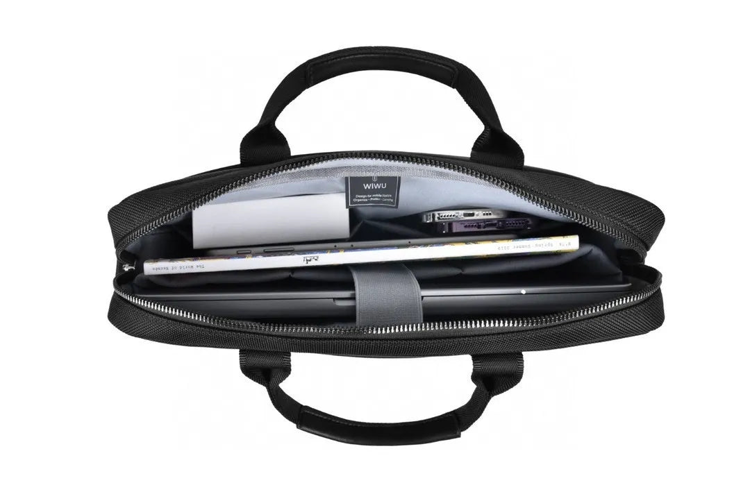 Black Oxford cloth laptop backpack showing multiple compartments and a lockable zip.