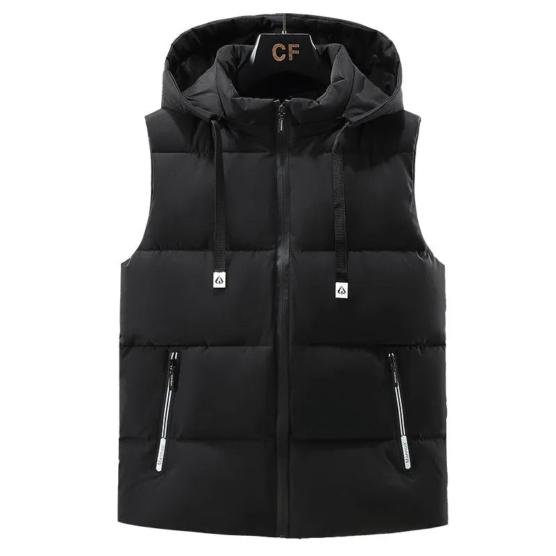 Men's thick winter vest in black or blue with straight hem design and polyester fleece lining