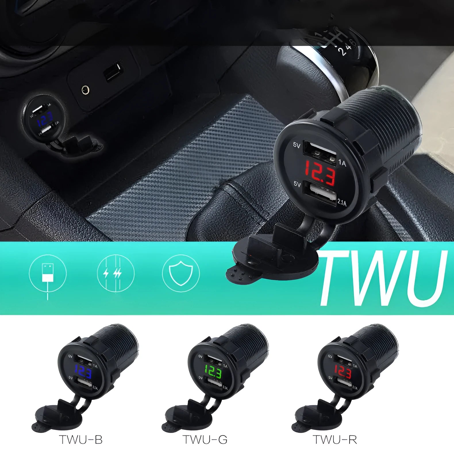 Waterproof motorcycle car charger with USB port and cigarette lighter socket in blue, green, or red LED options