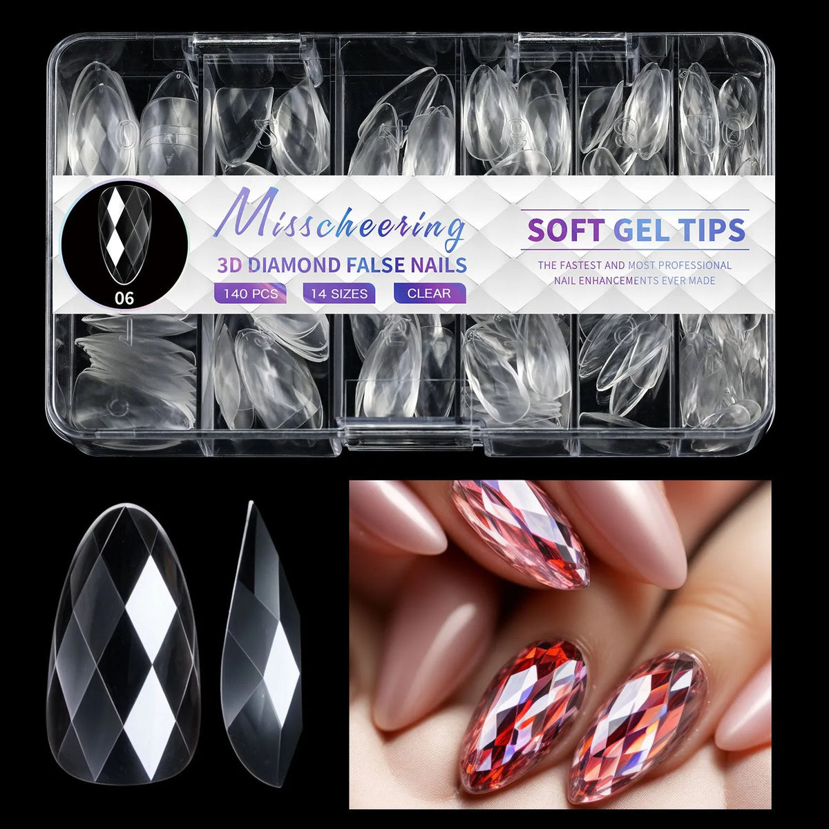 Pack of clear glitter nail extension tips showing 3D diamond design in various colours.