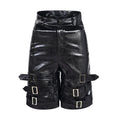 Black men's cropped PU leather shorts with ring detail on a hanger