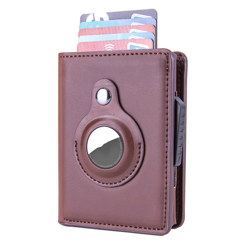 Automatic PU leather card wallet in Crazy Horse finish with anti-lost feature, card slots, and slim profile