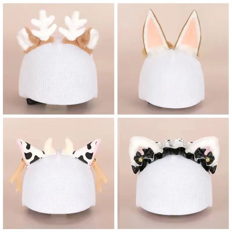 Soft plush fabric cartoon character decoration fitting on the peak of a black ski helmet.