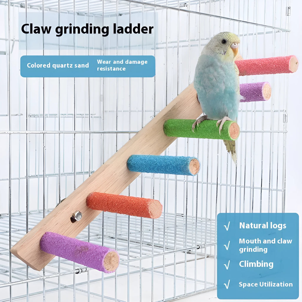 Wooden ladder perch for parrots, with multiple levels and natural wood finish, suitable for small to medium birds.