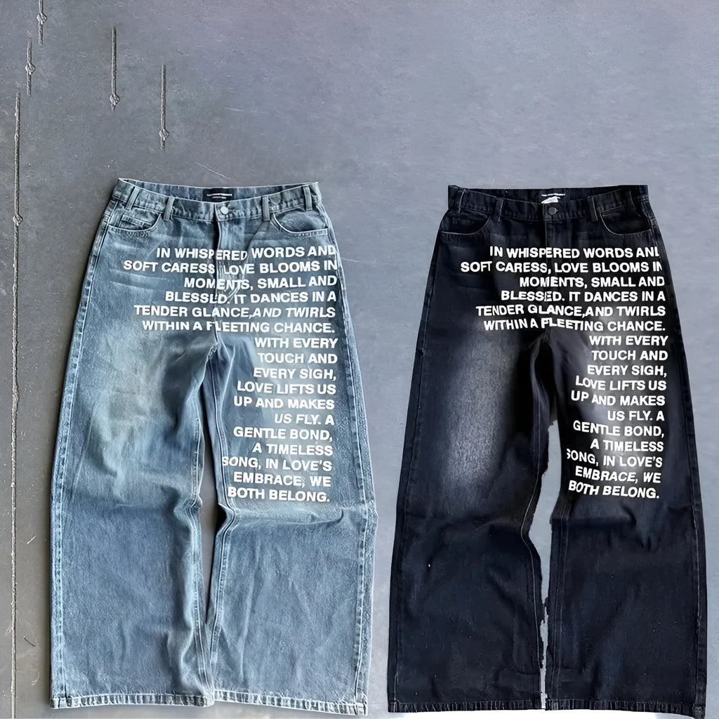 Men's black and blue cotton wide-leg straight casual trousers on a hanger, showing loose fit