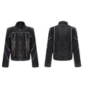 Black raw edge splash-dye distressed denim coat with padded shoulders and matching pants laid flat.