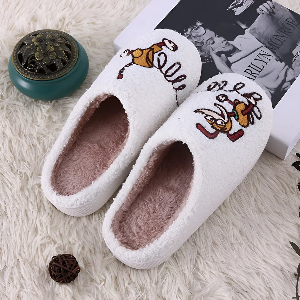 White fluffy adult slippers with cartoon pattern, rubber sole and plush upper