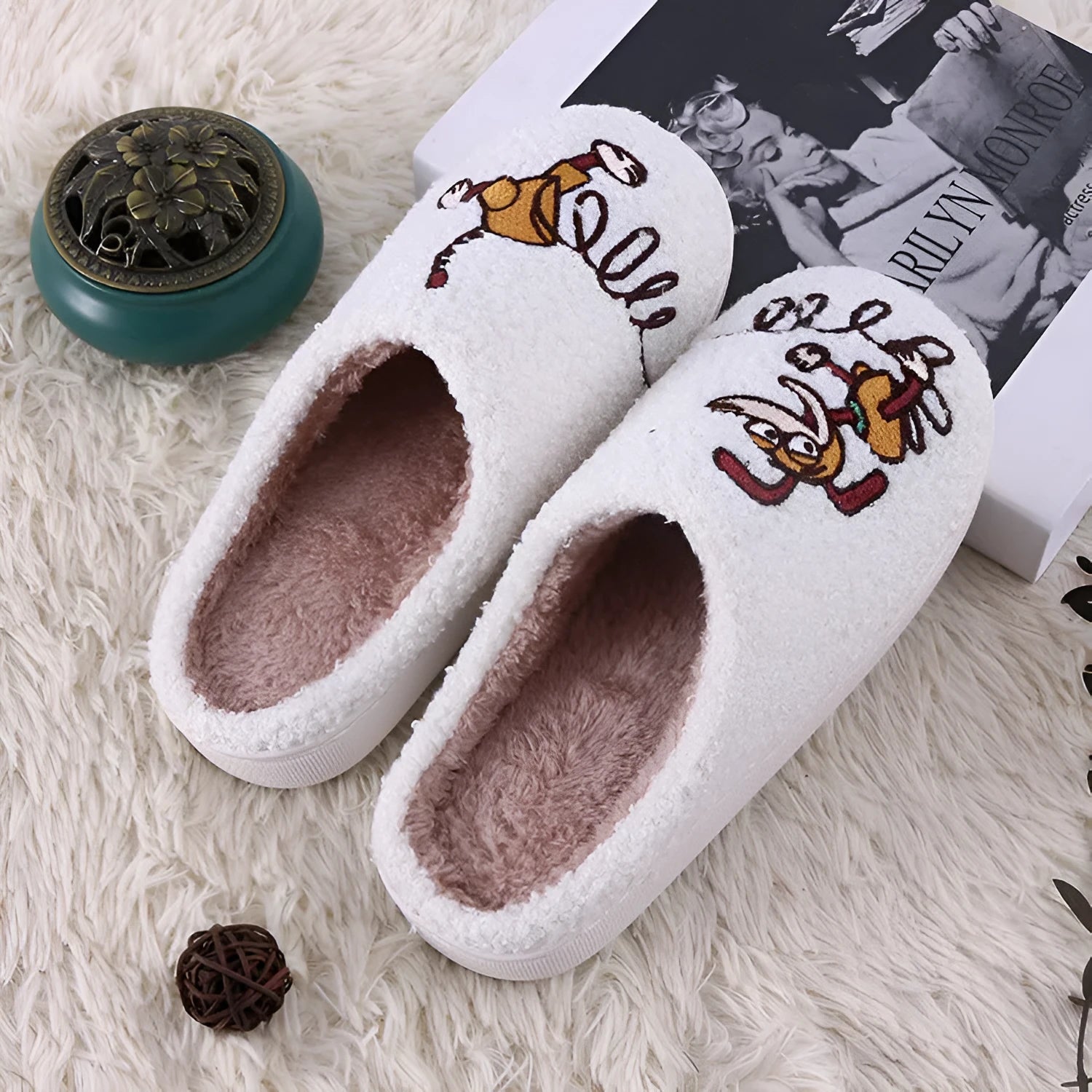 White fluffy adult slippers with cartoon pattern, rubber sole and plush upper
