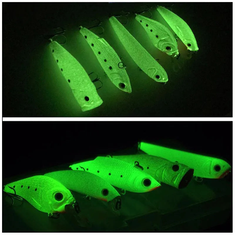 Set of five multi-colour 3D fluorescent hard fishing lures with luminous details.