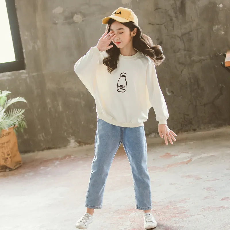 Girls' beer print top and jeans suit in white, long sleeves, Korean style, size 110-160cm