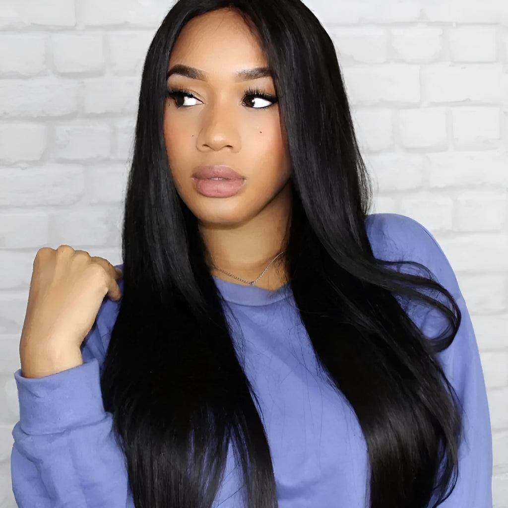 A long straight black synthetic wig with centre-parted bangs, made from high-temperature fibre.